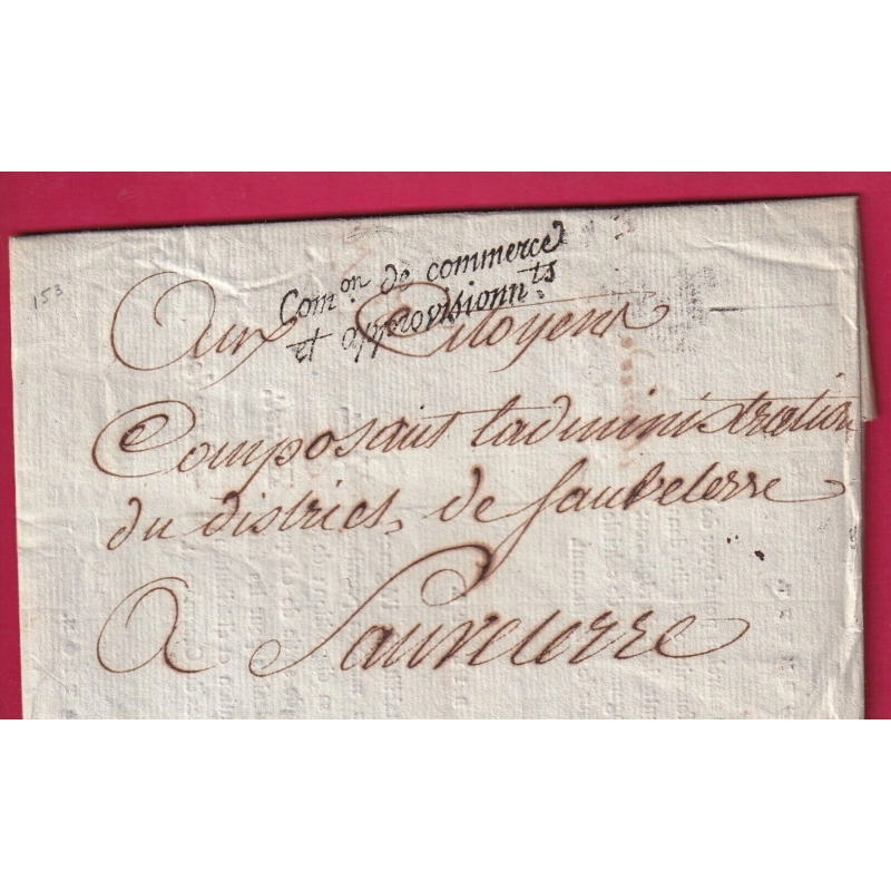 FRANCHISE COMMISSION DE COMMERCE E APPROVISIONNEMENTS AN2 1796 POUR SAUVETERRE AVEYRON LETTRE COVER