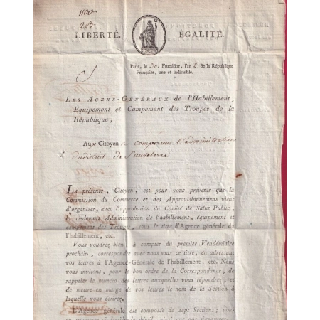 FRANCHISE COMMISSION DE COMMERCE E APPROVISIONNEMENTS AN2 1796 POUR SAUVETERRE AVEYRON LETTRE COVER