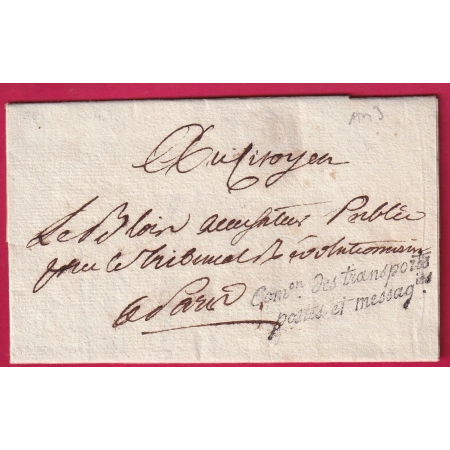 FRANCHISE COMMISSION DES TRANSPORTS POSTES ET MESSAGERIES AN 3 1795 POUR PARIS LETTRE COVER