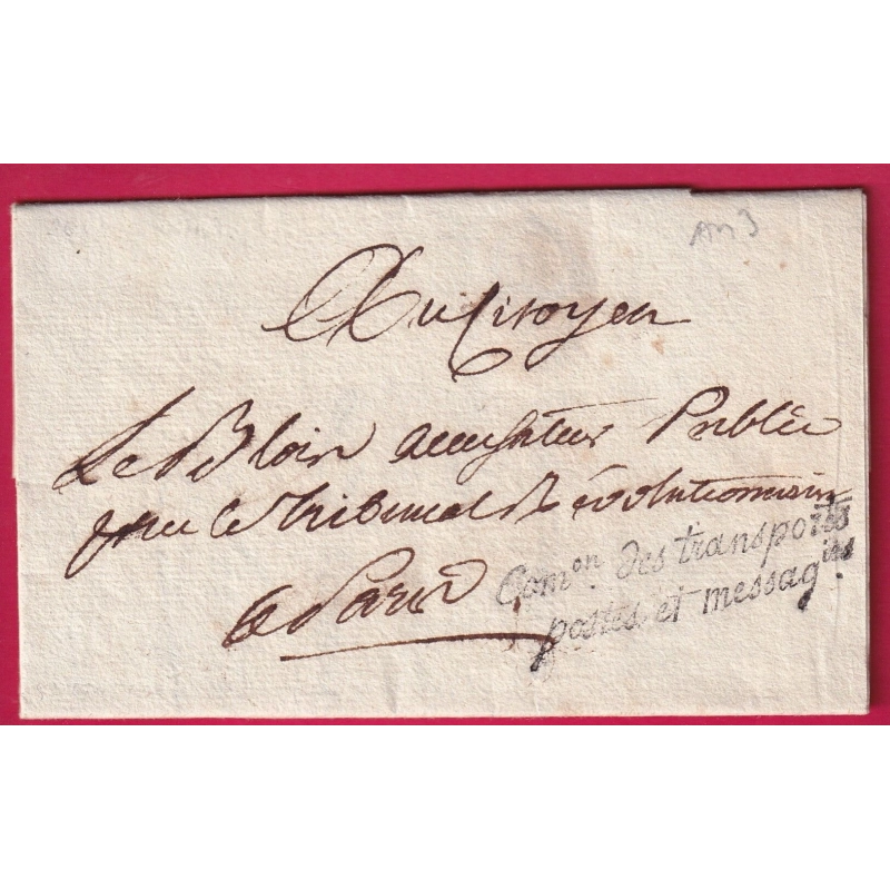 FRANCHISE COMMISSION DES TRANSPORTS POSTES ET MESSAGERIES AN 3 1795 POUR PARIS LETTRE COVER