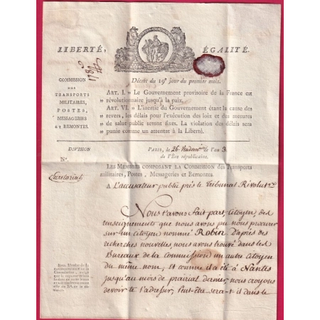 FRANCHISE COMMISSION DES TRANSPORTS POSTES ET MESSAGERIES AN 3 1795 POUR PARIS LETTRE COVER