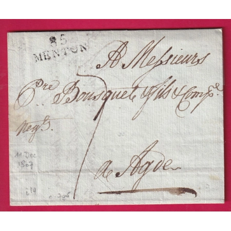 MARQUE CONQUIS 85 MENTON ALPES MARITIMES 1807 POUR AGDE HERAULT LETTRE COVER