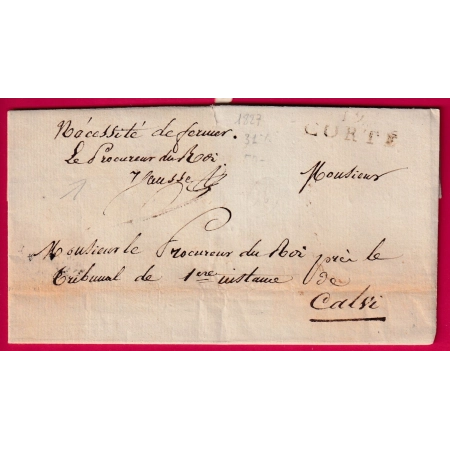 MARQUE 19 CORTE CORSE CONTRESEING FRANCHISE LE PROCUREUR DU ROI POUR CALVI 1827 LETTRE COVER