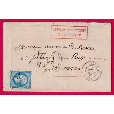 N°22 GC 47 ALAIS GARD ALES TAXE TAMPON 30 AFFR INSUFF POUR FRIBOURG SUISSE POSTES RESTANTES LETTRE COVER
