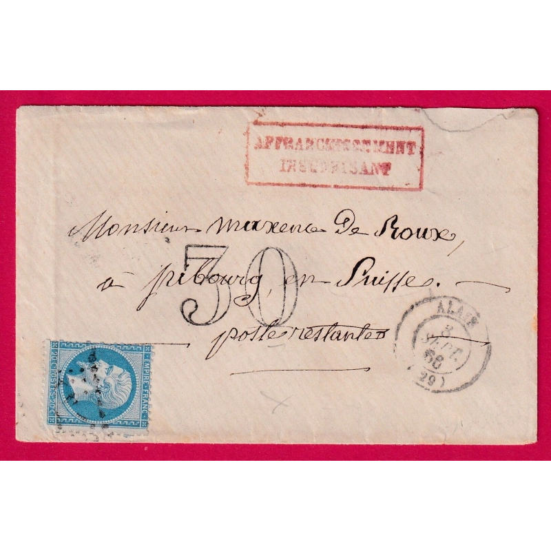 N°22 GC 47 ALAIS GARD ALES TAXE TAMPON 30 AFFR INSUFF POUR FRIBOURG SUISSE POSTES RESTANTES LETTRE COVER