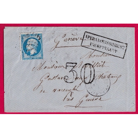 N°22 GC 2941 PONT DE VEYLE AIN TAXE TAMPON 30 AFFR INSUFF POUR GENEVE SUISSE LETTRE COVER