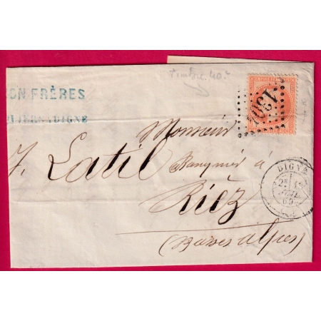 N°31 GC 1304 DIGNE BASSES ALPES POUR RIEZ 1869 LETTRE COVER