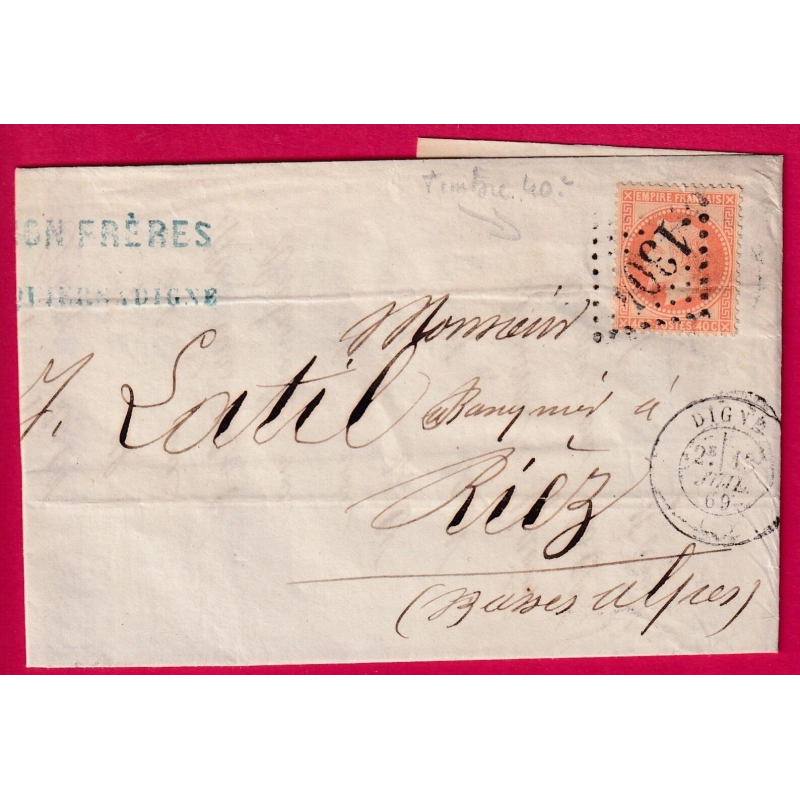 N°31 GC 1304 DIGNE BASSES ALPES POUR RIEZ 1869 LETTRE COVER