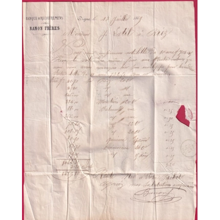 N°31 GC 1304 DIGNE BASSES ALPES POUR RIEZ 1869 LETTRE COVER