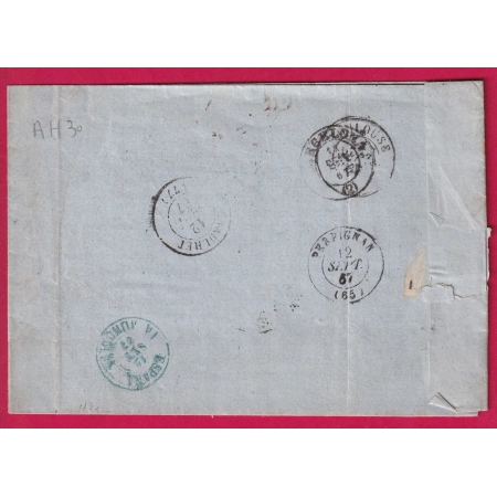 N°22 GC 1708 GRAULHET TARN POUR BARCELONNE ESPAGNE TAXE MANUSCRITE 4 + 12 ESPAGNOLE 1867 LETTRE COVER