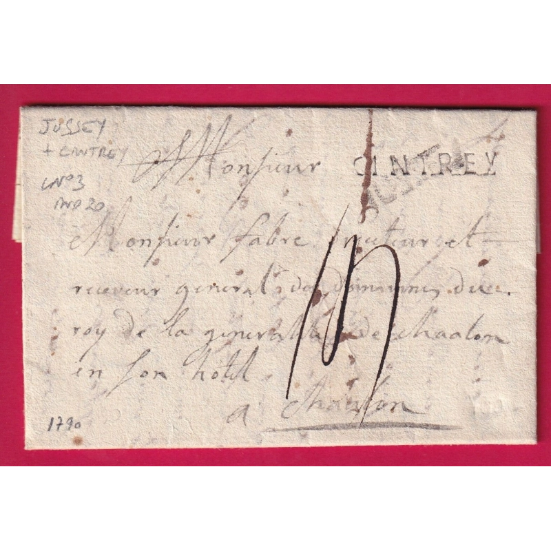 MARQUE JUSSEY HAUTE SAONE + CINTREY LENAIN N°3 INDICE 20 1790 POUR CHALONS SUR MARNE TAXE 14 LETTRE COVER