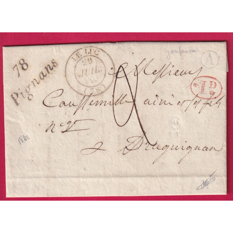 CURSIVE 78 PIGNANS VAR CAD TYPE 14 LE LUC BOITE RURALE A GONFARON + DECIME RURAL POUR DRAGUIGNAN SIGNE MATHIEU LETTRE