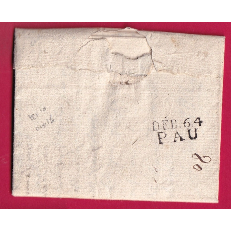 DEBOURSE DEB 64 PAU BASSES PYRENEES 1817 INDICE 16 DEPART 39 GRENADE SUR L'ADOUR LANDES REEXP POUR GRENADE LETTRE