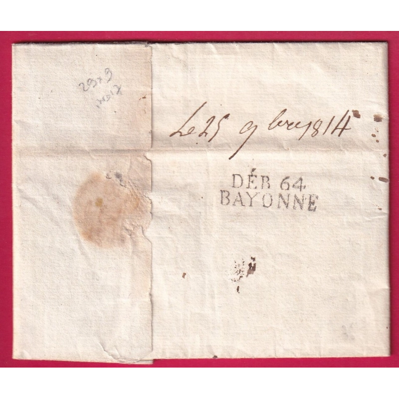 DEDOURSE DEB 64 BAYONNE BASSES PYRENEES 1814 INDICE 17 DEPART BORDEAUX LETTRE COVER