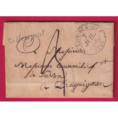 CURSIVE 78 SOLLIESPONT CAD TYPE13 TOULON VAR POUR DRAGUIGNAN 1837 INDICE 11 LETTRE COVER