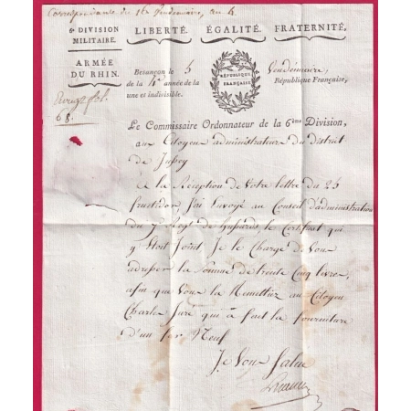 DEBOURSE DEB CINTREY EN ROUGE 44X4 INDICE 22 DEPART 24 BESANCON 1796 ARMEE DU RHIN LETTRE COVER