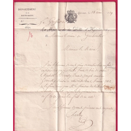 MARQUE P69P HERICOURT HAUTE SAONE 1829 POUR GUEBWILLER INDICE 19 LETTRE COVER