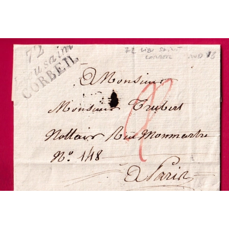 DOUBLE CURSIVE 72 VIEUSAINT CORBEIL SEINE ET OISE 1825 INDICE 18 POUR PARIS LETTRE COVER
