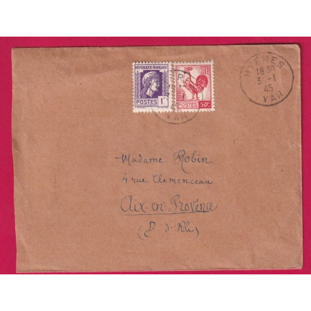N° 633 + 637 HYERES VAR 3.1.1945 POUR AIX EN PROVENCE LETTRE COVER