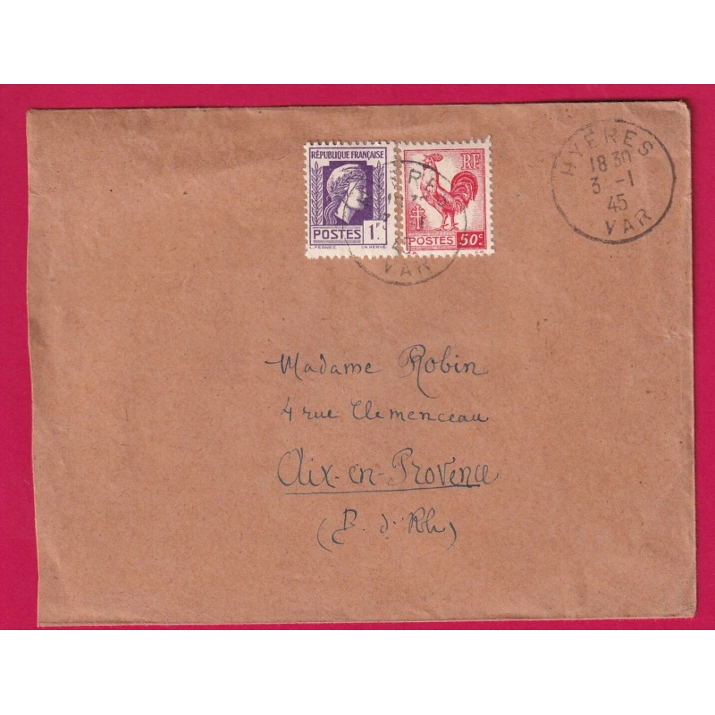 N° 633 + 637 HYERES VAR 3.1.1945 POUR AIX EN PROVENCE LETTRE COVER