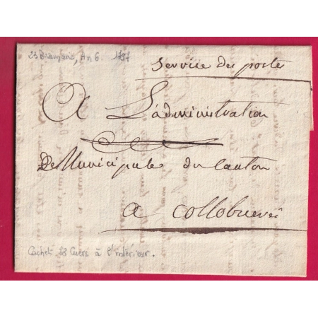 LETTRE EN FRANCHISE SERVICE DES POSTES MARQUE 78 CUERS DANS TEXTE POUR COLLOBRIERES 1797 LETTRE COVER