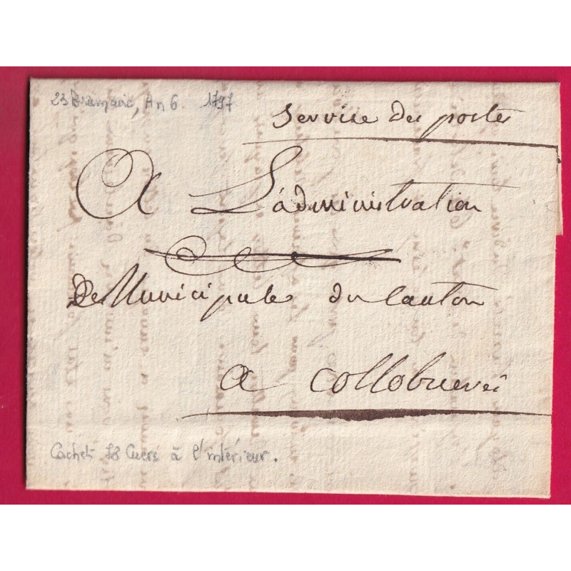 LETTRE EN FRANCHISE SERVICE DES POSTES MARQUE 78 CUERS DANS TEXTE POUR COLLOBRIERES 1797 LETTRE COVER