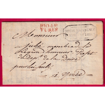 MARQUE CONQUIS P104P TURIN FRANCHISE REGIE IMPERIALE SELS ET TABACS 1808 POUR IVREA ITALIA ITALIE LETTRE COVER