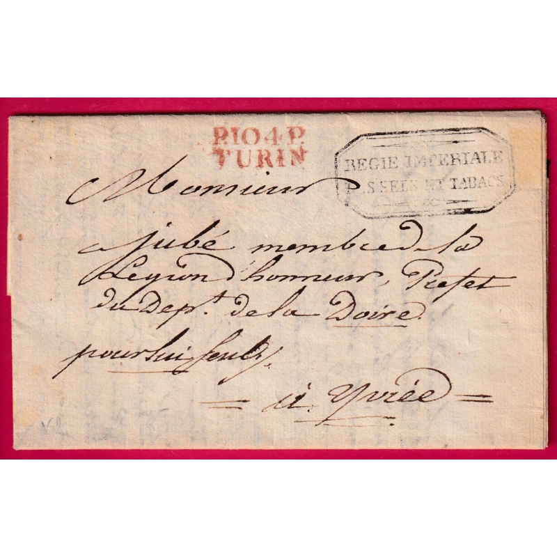 MARQUE CONQUIS P104P TURIN FRANCHISE REGIE IMPERIALE SELS ET TABACS 1808 POUR IVREA ITALIA ITALIE LETTRE COVER