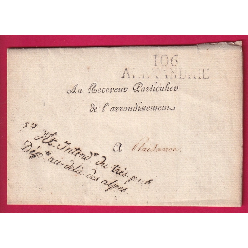 MARQUE CONQUIS 106 ALEXANDRIE FRANCHISE TRESOR IMPERIAL DPT AU DELA DES ALPES POUR PLAISANCE ITALIA 1813 LETTRE