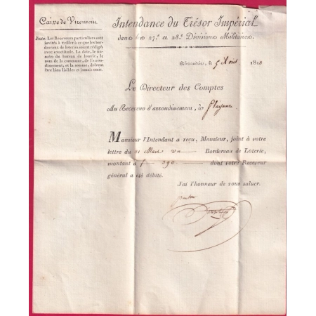 MARQUE CONQUIS 106 ALEXANDRIE FRANCHISE TRESOR IMPERIAL DPT AU DELA DES ALPES POUR PLAISANCE ITALIA 1813 LETTRE