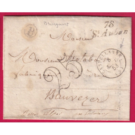 CURSIVE 78 ST AUBAN VAR CAD TYPE 15 CASTELLANE BASSES ALPES BOITE RURALE B BRIANCONNET ALPES MARITIMES IND 13 LETTRE