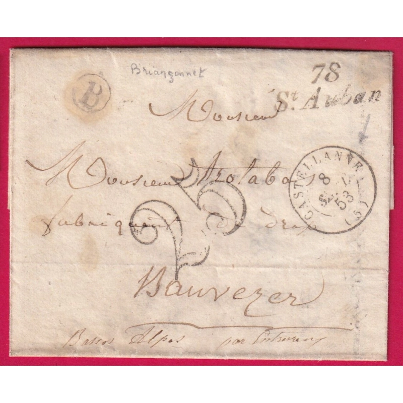 CURSIVE 78 ST AUBAN VAR CAD TYPE 15 CASTELLANE BASSES ALPES BOITE RURALE B BRIANCONNET ALPES MARITIMES IND 13 LETTRE