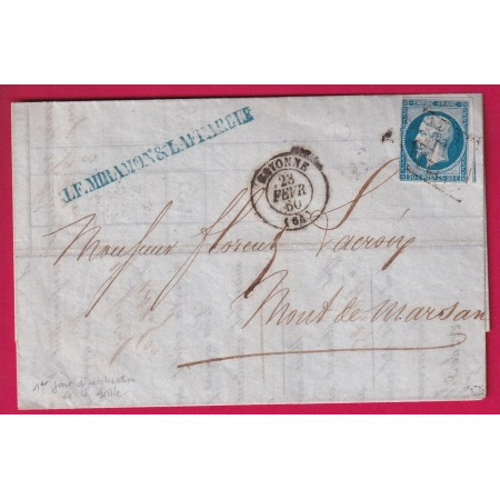 N°14 GRILLE DE BAYONNE 1ER JOUR DE LA GRILLE 23 FEV 1860 BASSES PYRENEES POUR MONT DE MARSAN LANDES LETTRE COVER