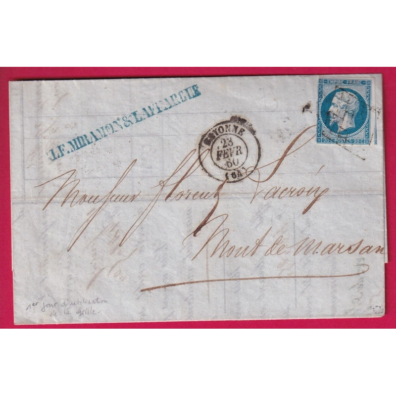 N°14 GRILLE DE BAYONNE 1ER JOUR DE LA GRILLE 23 FEV 1860 BASSES PYRENEES POUR MONT DE MARSAN LANDES LETTRE COVER