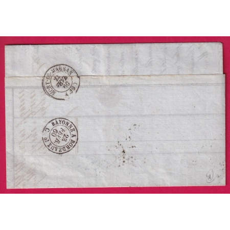 N°14 GRILLE DE BAYONNE 1ER JOUR DE LA GRILLE 23 FEV 1860 BASSES PYRENEES POUR MONT DE MARSAN LANDES LETTRE COVER