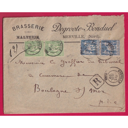 N°101 + 90 PAIRES CAD MERVILLE NORD RECOMMANDE POUR BOULOGNE SUR MER PAS DE CALAIS LETTRE COVER