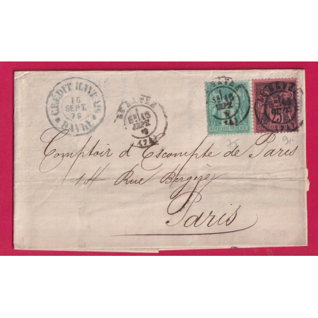 N°71 + 91 LE HAVRE SEINE INFERIEURE POUR PARIS 1879 LETTRE COVER