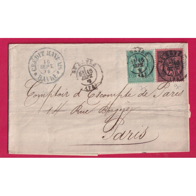 N°71 + 91 LE HAVRE SEINE INFERIEURE POUR PARIS 1879 LETTRE COVER