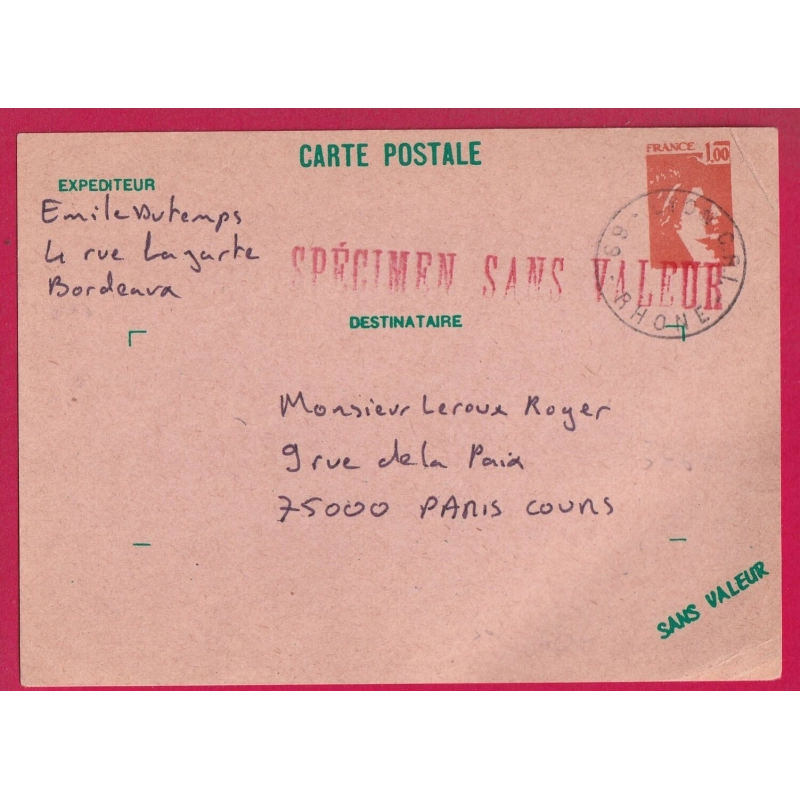 SIMILI ENTIER 1FR SABINE SPECIMENN SANS VALEUR LYON  LETTRE COVER