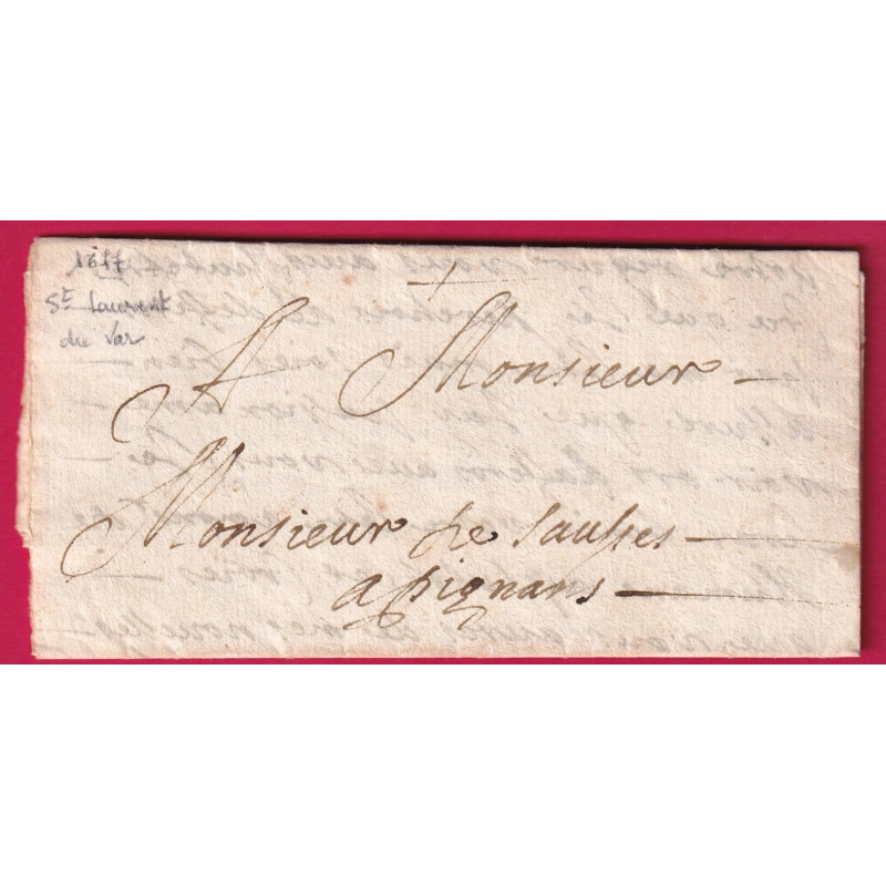 LETTRE DE ST LAURENT DU VAR 1677 POUR PIGNANS VAR ALPES MARITIMES LETTRE COVER