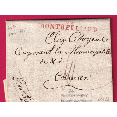MARQUE 87 MONTBELLIARD EN ROUGE 1795 TEXTE DE MONTCHEROUX POUR COLMAR INDICE 23 LETTRE COVER