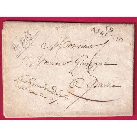 CACHET ARRIVEE SPECIAL BASTIA CORSE DEPART 19 AJACCIO 1823 FRANCHISE LE PAYEUR DU DPT DE LA CORSE LETTRE COVER