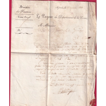 CACHET ARRIVEE SPECIAL BASTIA CORSE DEPART 19 AJACCIO 1823 FRANCHISE LE PAYEUR DU DPT DE LA CORSE LETTRE COVER