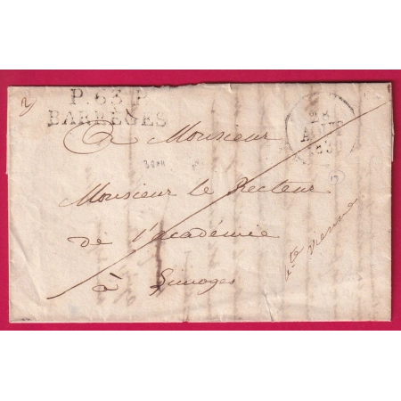 MARQUE P63P BARREGES BASSES PYRENEES 1830 POUR LIMOGES INDICE 19 LETTRE COVER