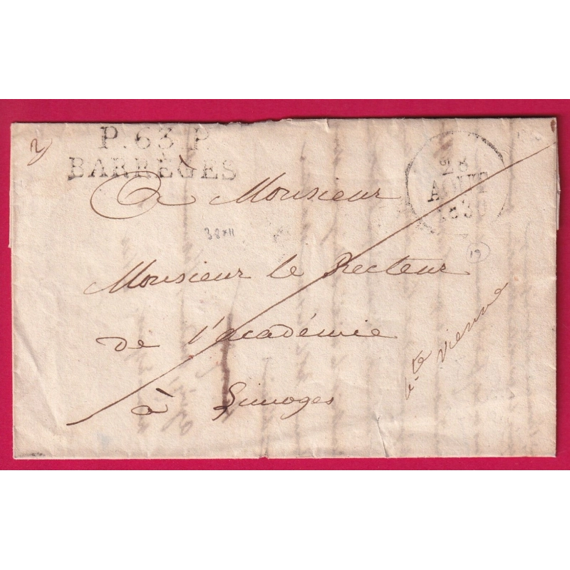 MARQUE P63P BARREGES BASSES PYRENEES 1830 POUR LIMOGES INDICE 19 LETTRE COVER