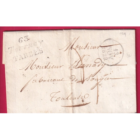 DOUBLE CURSIVE 63 TOURNAY BASSES PYRENEES 1829 POUR TOULOUSE LETTRE COVER