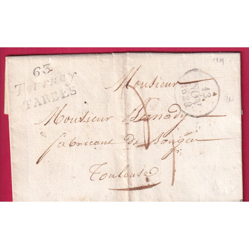 DOUBLE CURSIVE 63 TOURNAY BASSES PYRENEES 1829 POUR TOULOUSE LETTRE COVER