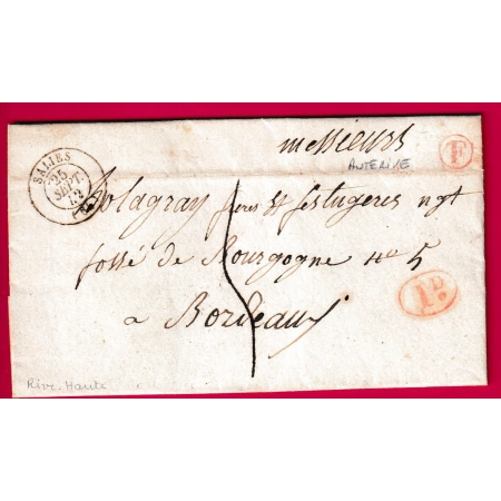 CAD TYPE 15 SALIES BASSES PYRENEES BOITE RURALE ROUGE F AUTERIVE DECIME RURAL POUR BORDEAUX LETTRE COVER