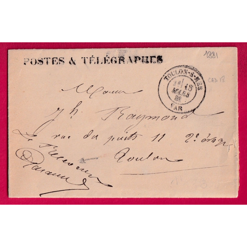 FRANCHISE POSTE ET TELEGRAPHES TOULON SUR MER VAR CAD TYPE 18 + LE RECEVEUR MANUSCRIT LETTRE COVER