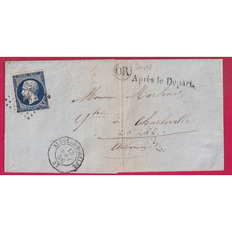 N°14 APRES LE DEPART LINEAIRE PC 208 AVESNES SUR HELPE NORD POUR CHARLEVILLE ARDENNES LETTRE COVER